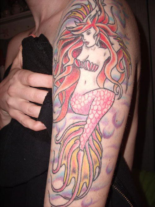 Colorful Mermaid Tattoo On Left Half Sleeve