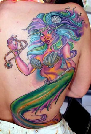 Colorful Mermaid Tattoo On Right Back Shoulder