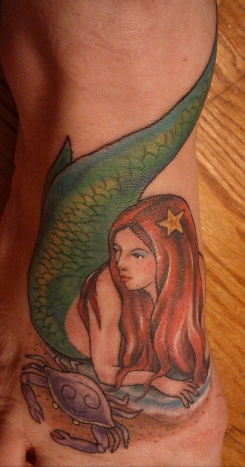 Colorful Mermaid Tattoo On Right Foot