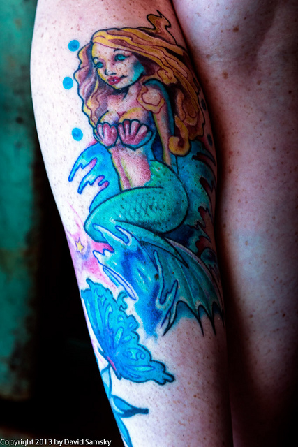 Colorful Mermaid Tattoo On Right Forearm