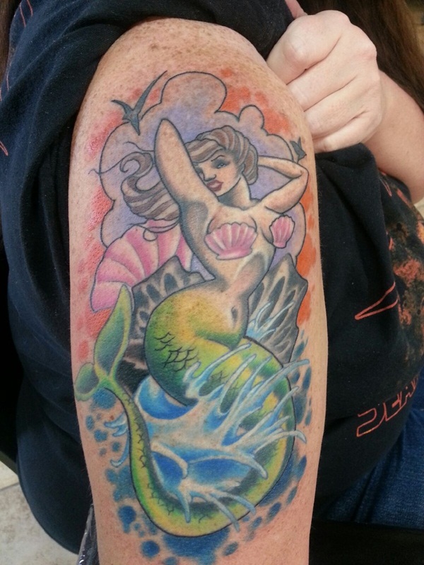 Colorful Mermaid Tattoo On Right Half Sleeve
