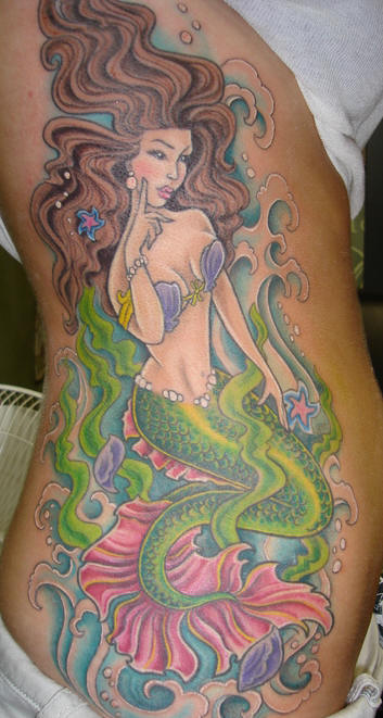 Colorful Mermaid Tattoo On Right Side Rib