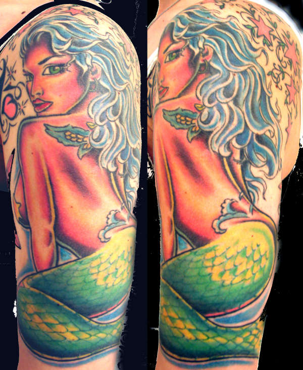 Colorful Mermaid Tattoo On Tattoo On Left Half Sleeve