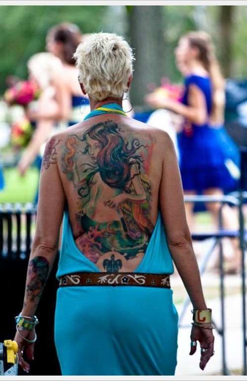 Colorful Mermaid Tattoo On Women Full Back
