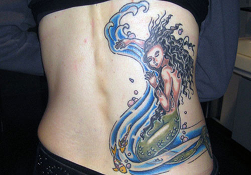 Colorful Mermaid Tattoo On Women Lower Back