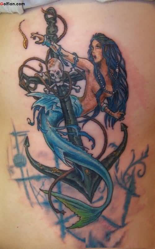 Colorful Mermaid With Anchor Tattoo Design For Girl