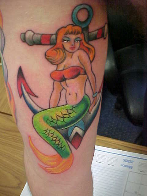 Colorful Mermaid With Anchor Tattoo Design For Half Sleeve
