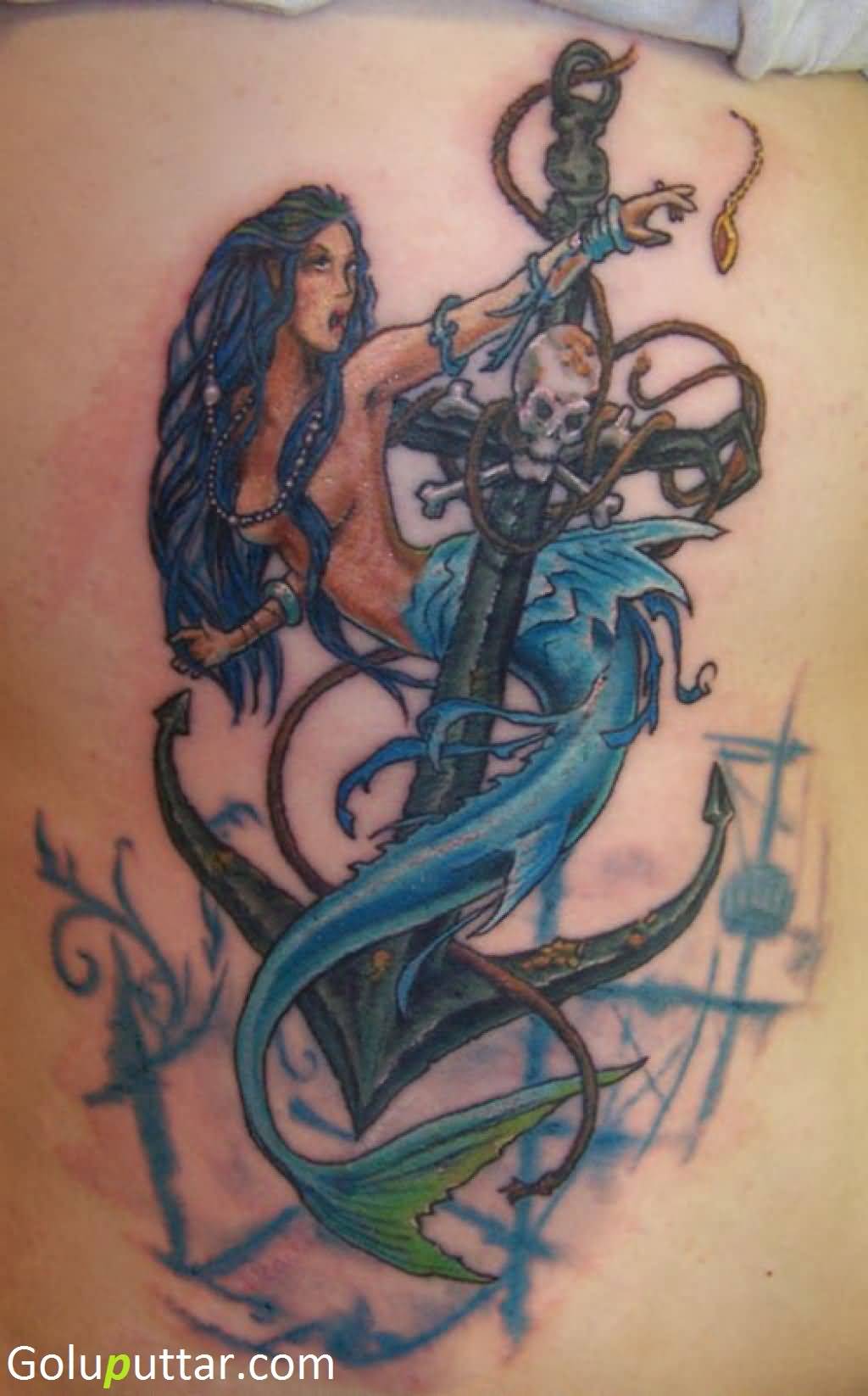 Colorful Mermaid With Anchor Tattoo Design