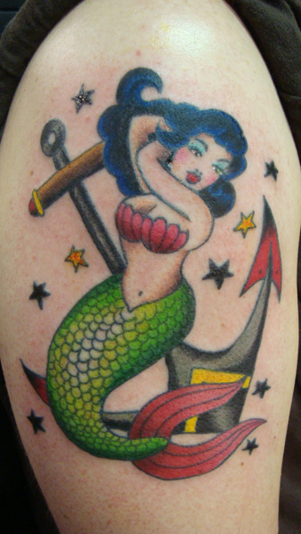 Colorful Mermaid With Anchor Tattoo On Shoulder