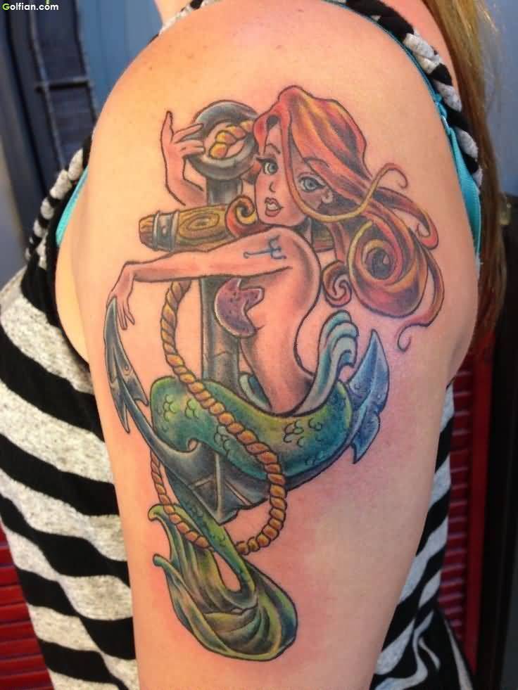 Colorful Mermaid With Anchor Tattoo On Women Left Shoulder