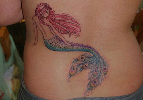 Colorful Mermaid With Peacock Feather Tail Tattoo On Lower Back