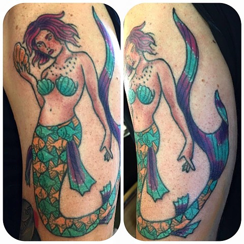 Colorful Neo Mermaid Tattoo Design For Sleeve