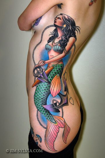 Colorful Neo Mermaid Tattoo On Girl Left Side Rib