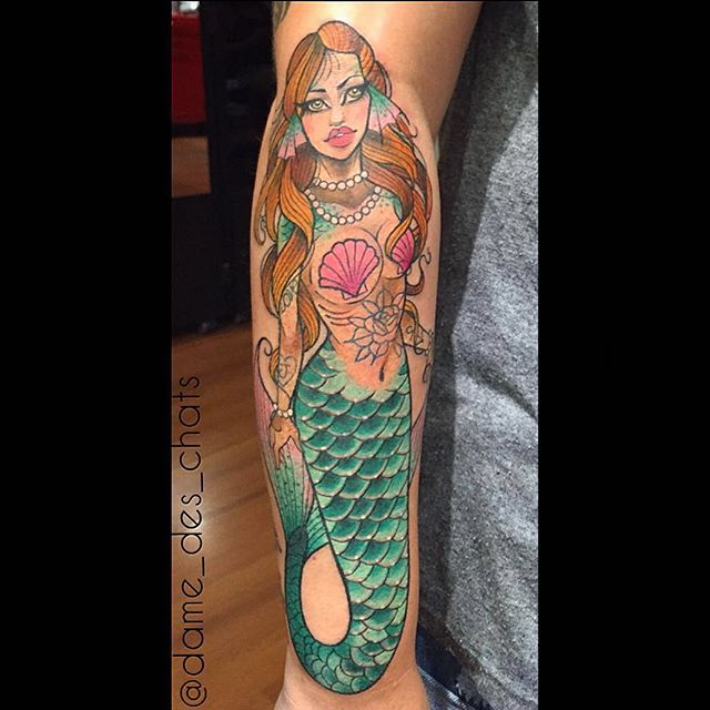 Colorful Neo Mermaid Tattoo On Right Arm