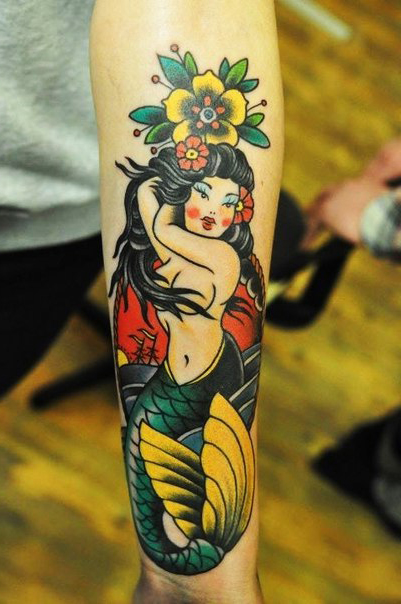 Colorful Neo Mermaid With Flowers Tattoo On Forearm