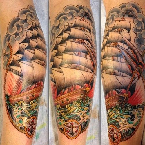 Colorful Neo Pirate Ship Tattoo Design For Leg Calf