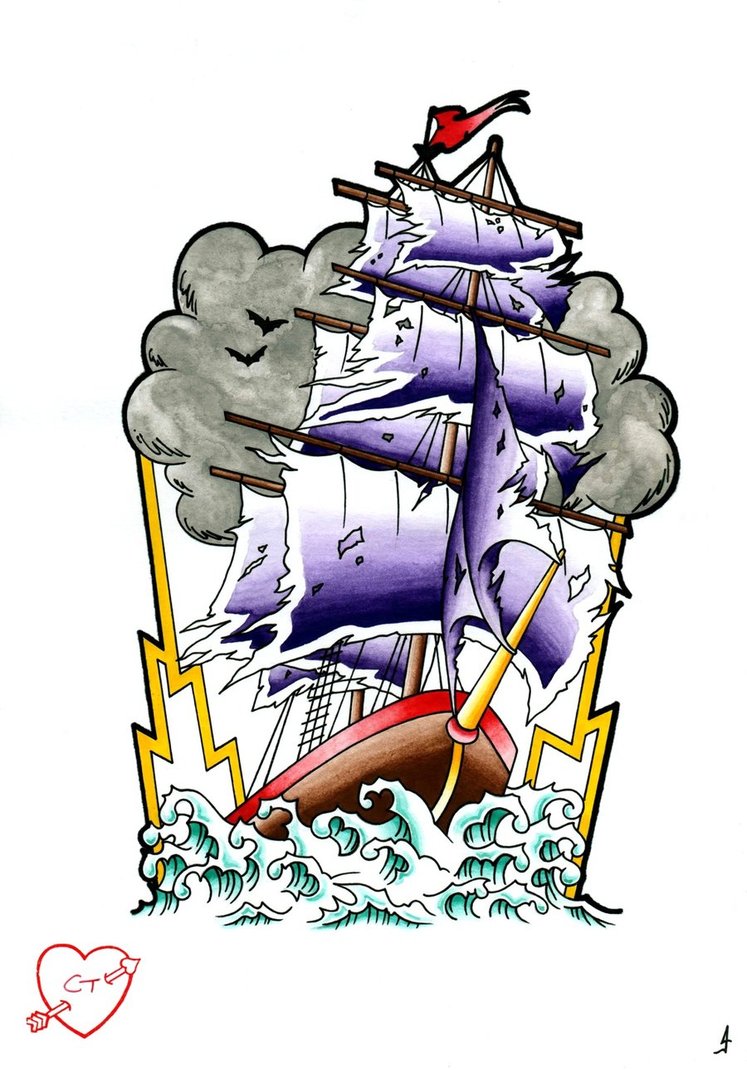 Colorful Neo Pirate Ship Tattoo Design