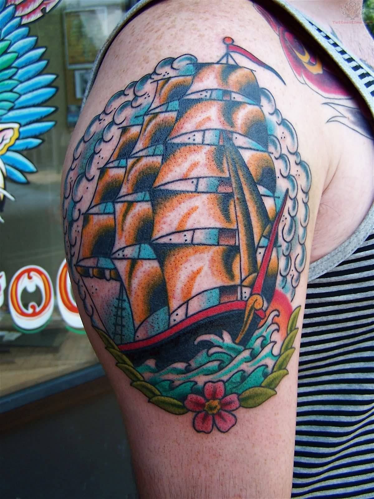 Colorful Neo Pirate Ship Tattoo On Man Right Shoulder