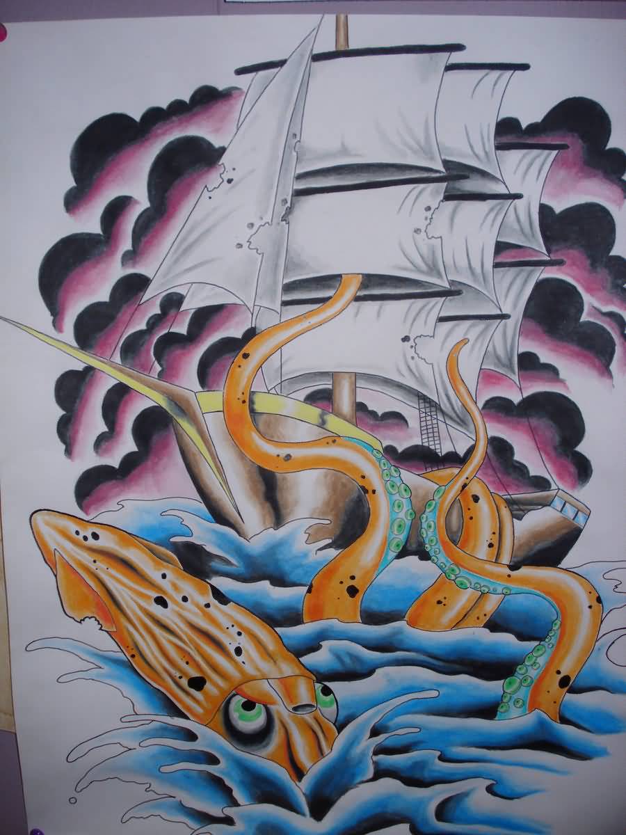 Colorful Neo Pirate Ship With Octopus Tattoo Design By Charlesbronson