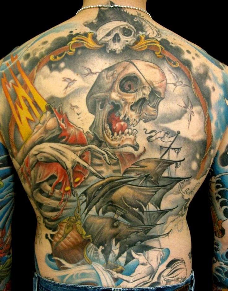 Colorful Neo Pirate Skeleton With Ship Tattoo On Full Back By Curtis Burgess!