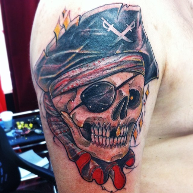 Colorful Neo Pirate Skull Tattoo On Man Right Shoulder