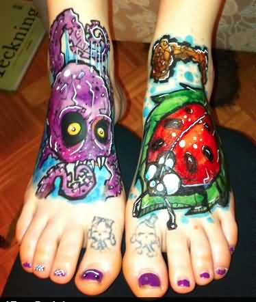 Colorful Octopus And Ladybird Tattoo On Girl Feet