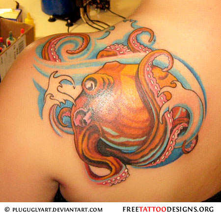 Colorful Octopus Tattoo On Girl Left Back Shoulder