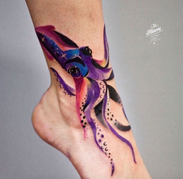 Colorful Octopus Tattoo On Left Ankle