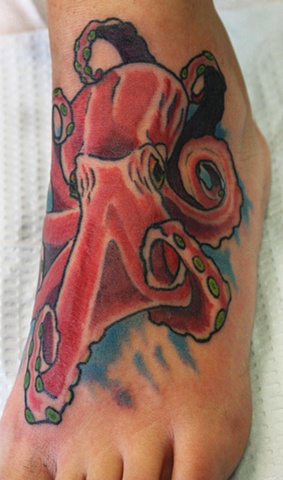Colorful Octopus Tattoo On Left Foot