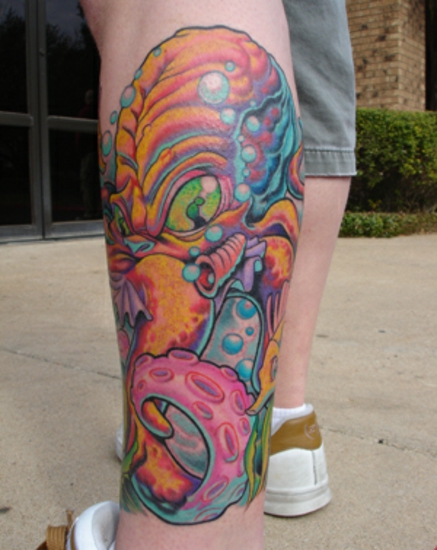 Colorful Octopus Tattoo On Left Leg Calf