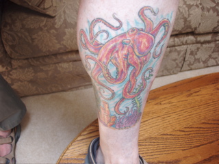 Colorful Octopus Tattoo On Leg Calf