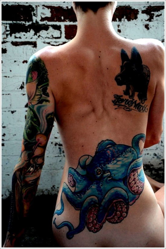Colorful Octopus Tattoo On Man Lower Back