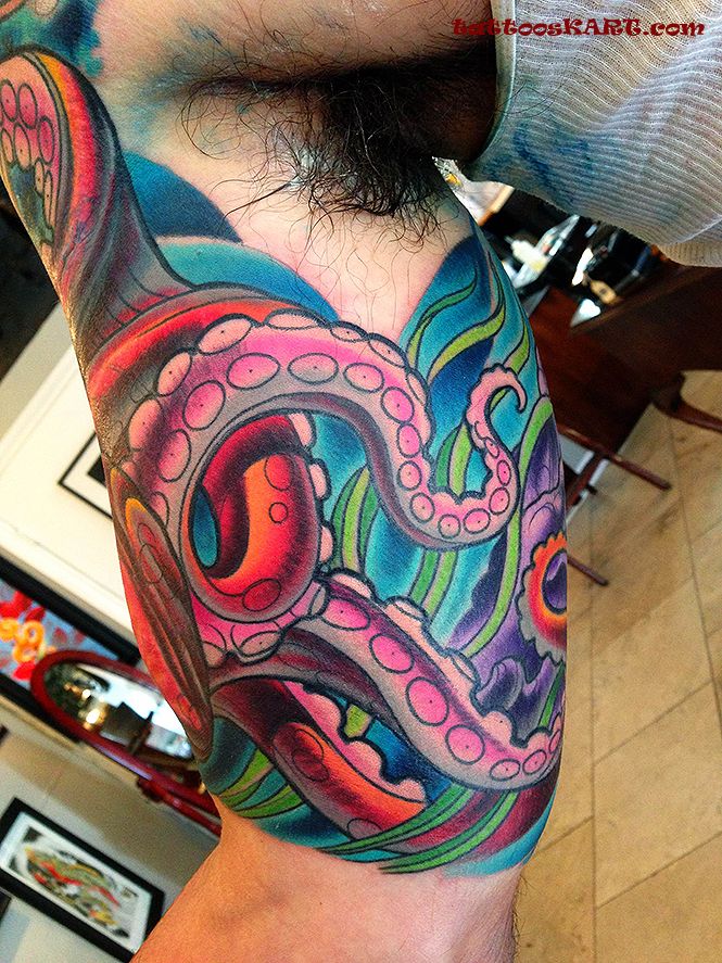 Colorful Octopus Tattoo On Man Right Half Sleeve