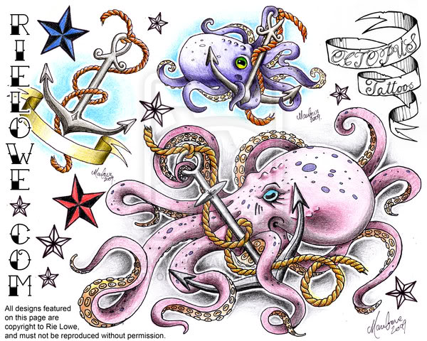 Colorful Octopus With Anchor Tattoo Flash By Onksy