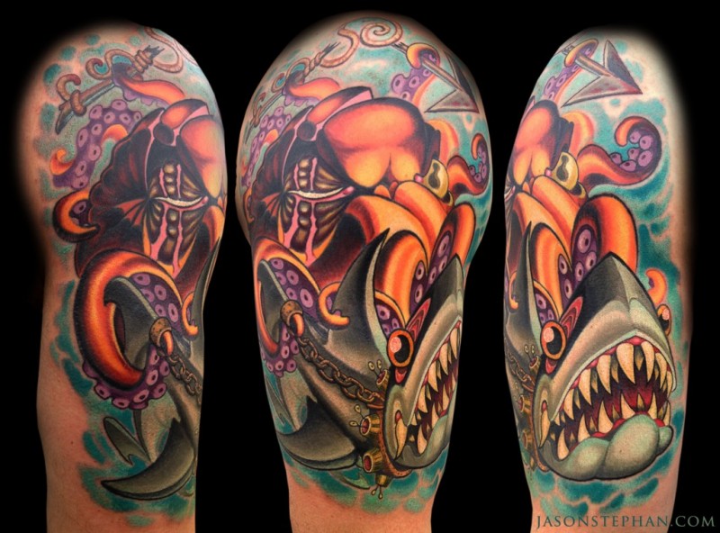 Colorful Octopus With Shark Tattoo Design For Half Sleeve