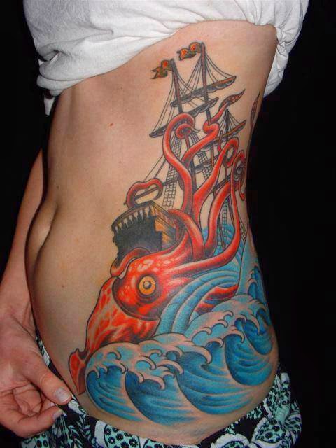 Colorful Octopus With Ship Tattoo On Girl Side Rib