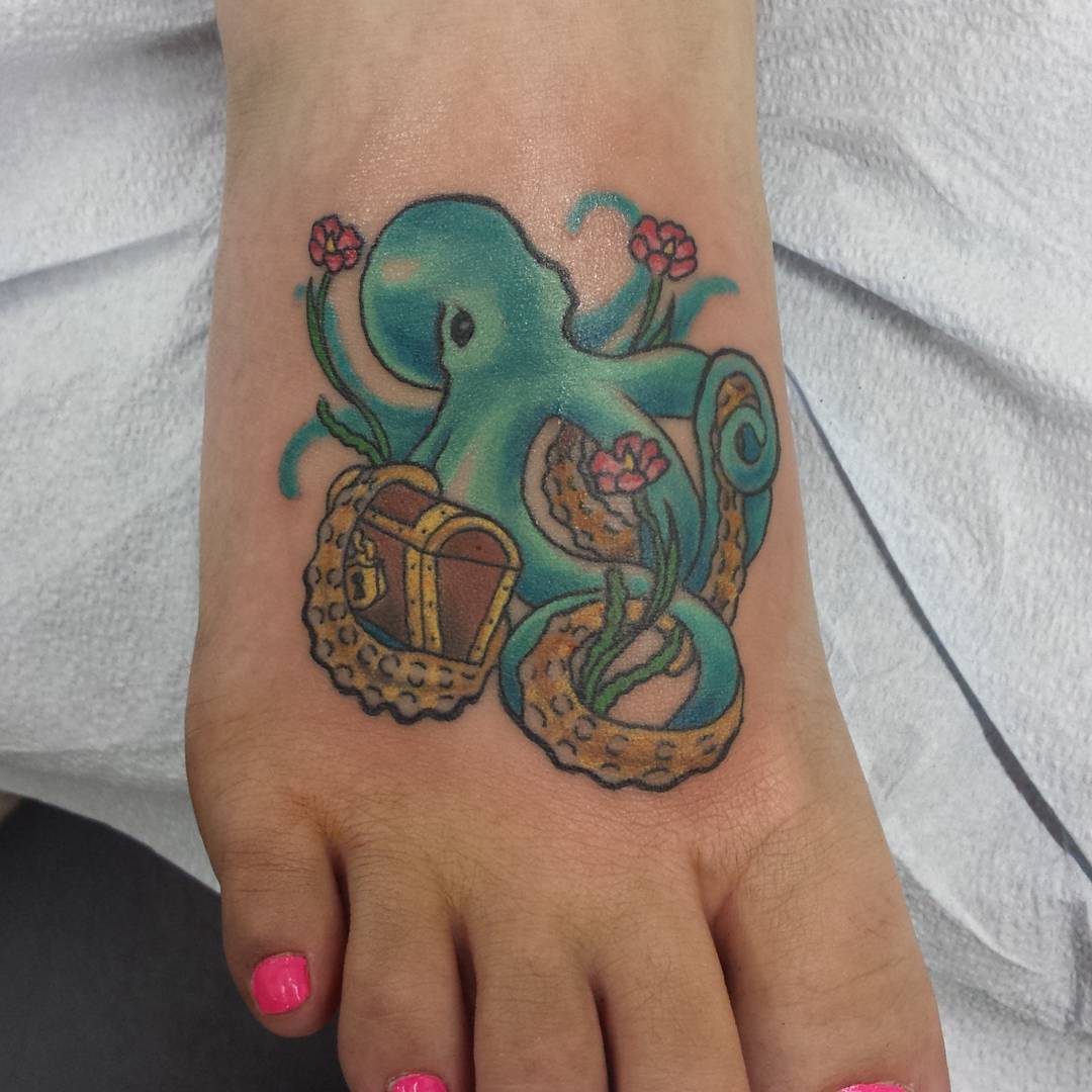 Colorful Octopus With Treasure Box And Flowers Tattoo On Women Right Foot