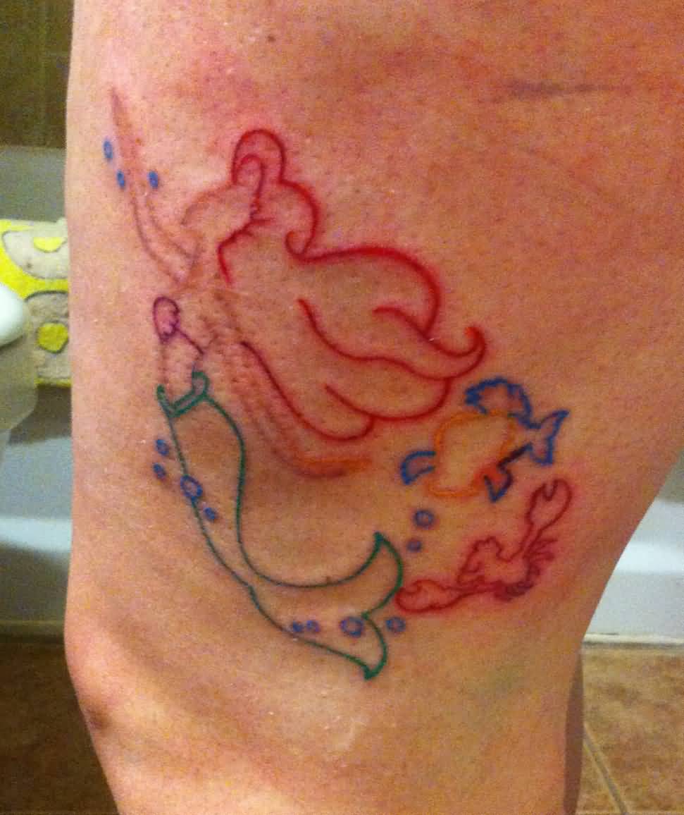 Colorful Outline Mermaid Tattoo Design For Thigh