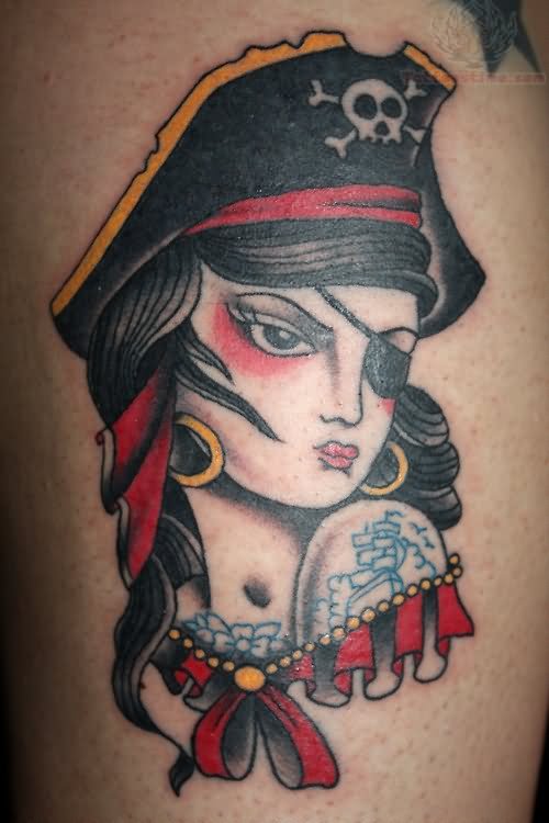 Colorful Pirate Girl Tattoo Design For Leg Calf