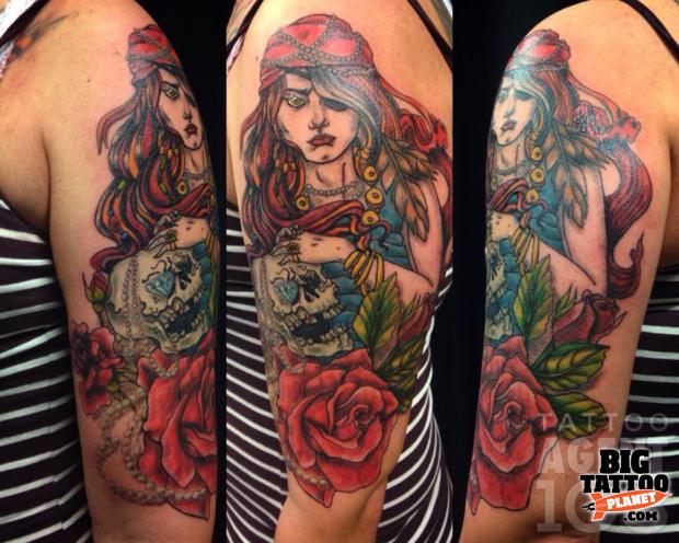 Colorful Pirate Girl With Skull And Rose Tattoo Half Sleeve