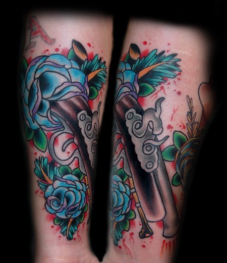 Colorful Pirate Gun With Roses Tattoo Design For Sleeve
