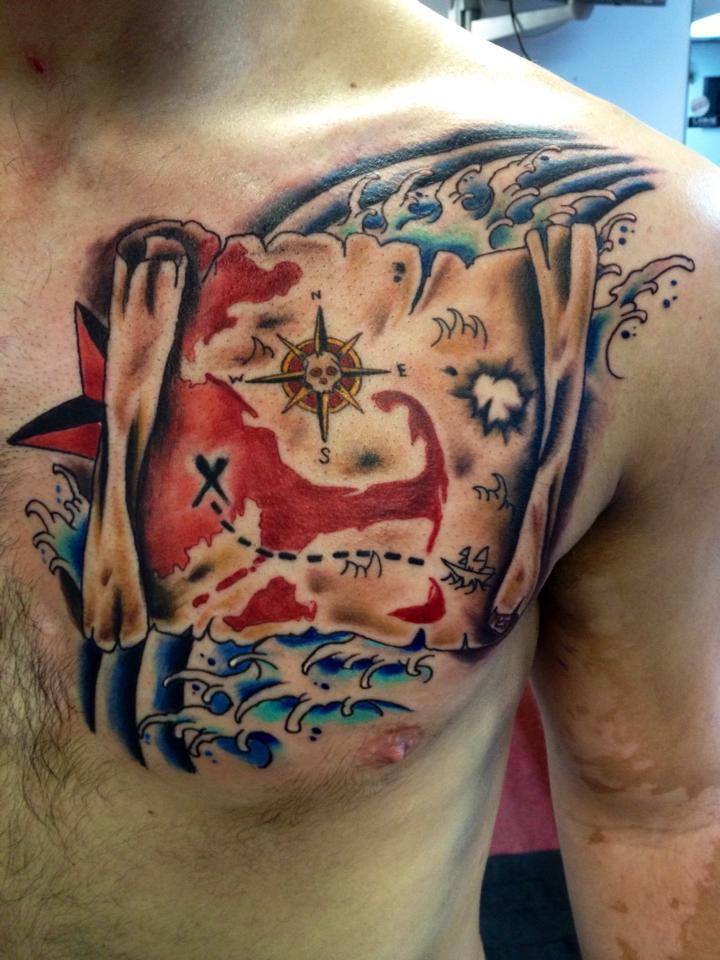 Colorful Pirate Map Tattoo On Man Left Chest