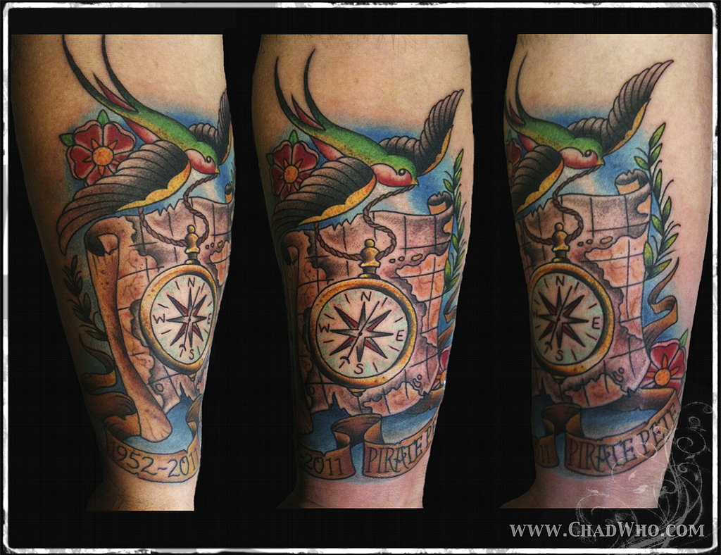 Colorful Pirate Map With Compass And Flying Bird Tattoo Design For Sleeve By Chad Clark