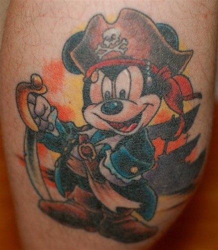 Colorful Pirate Mickey Mouse  Tattoo Design For Leg Calf