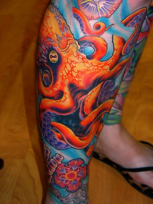 Colorful Pirate Octopus Tattoo On Right Leg