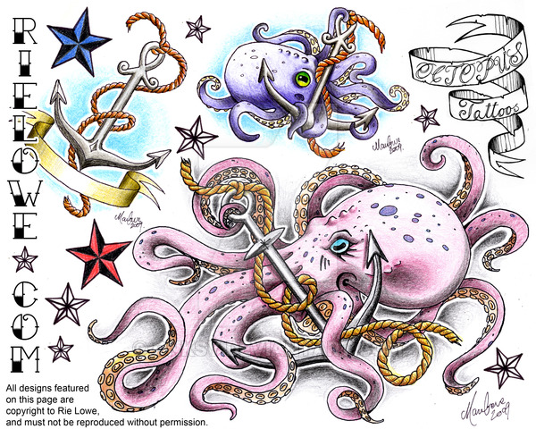 Colorful Pirate Octopus With Anchor Tattoo Designs