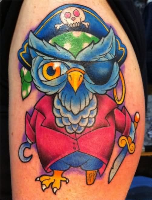 Colorful Pirate Owl Tattoo Design For Half Sleeve