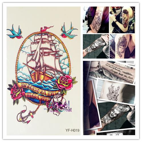 Colorful Pirate Ship In Frame With Banner And Roses Tattoo Design