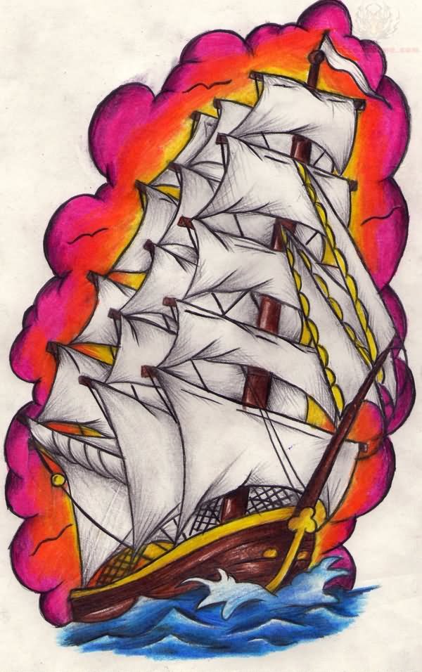 Colorful Pirate Ship Tattoo Design