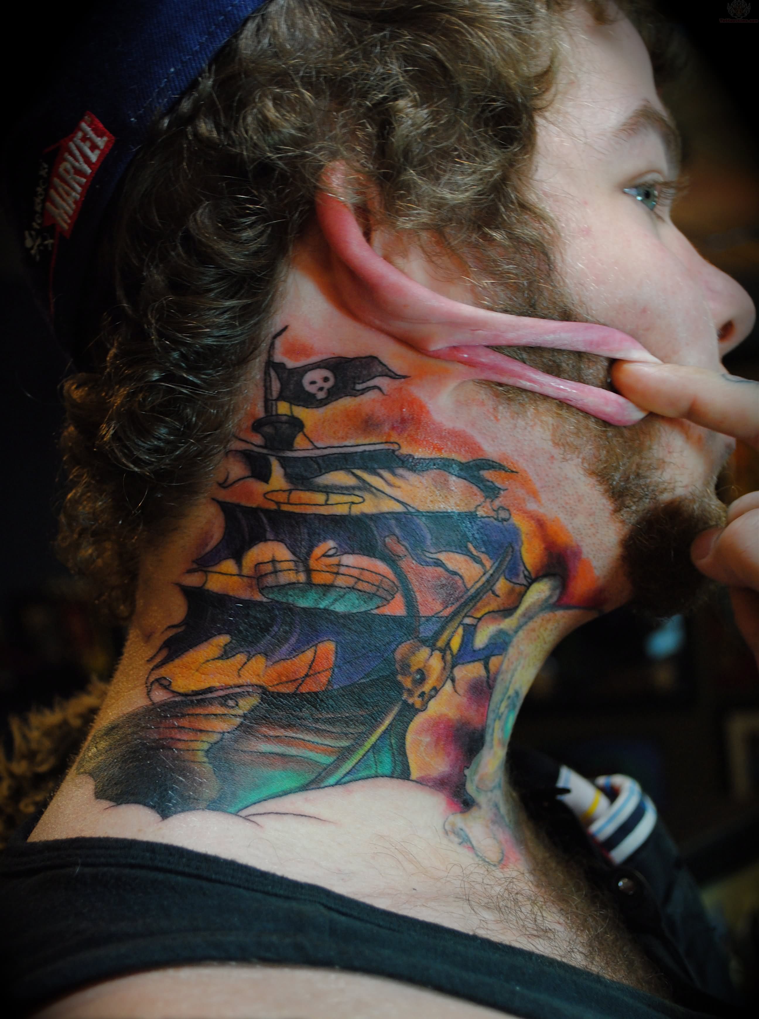 Colorful Pirate Ship Tattoo On Man Side Neck